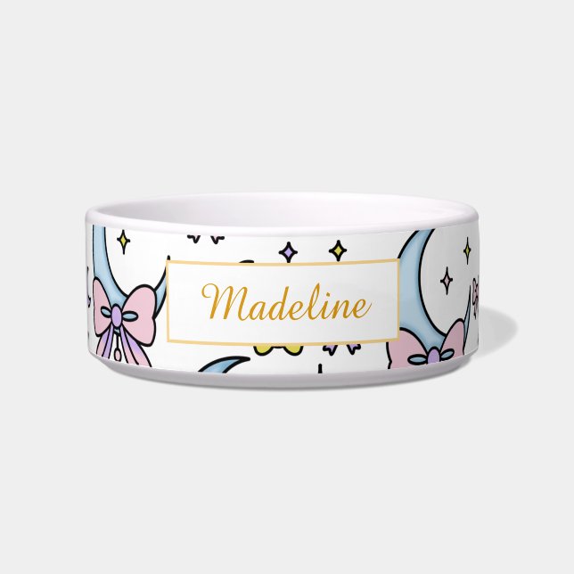 Tigela Personalized Cat Name Moon Bows White Bowl Ceramic (Frente)