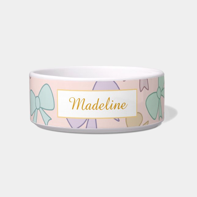 Tigela Personalized Cat Name Pastel Bows Bowl Ceramic (Frente)