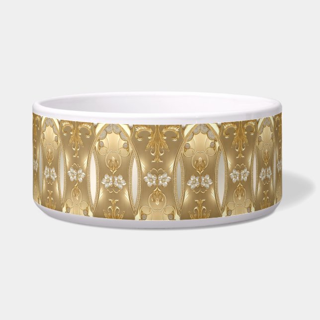 Tigela Pet Bowl, Cerâmica Floral de Ornamentado Dourado (Frente)