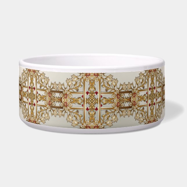 Tigela Pet Bowl, Cerâmica Floral de Ornamentado Dourado (Frente)