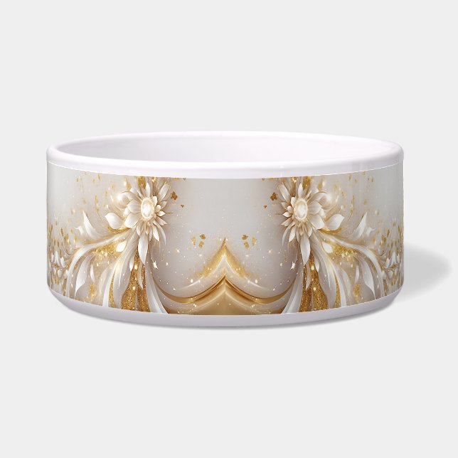 Tigela Pet Bowl, Cerâmica Floral Dourada Branca (Frente)