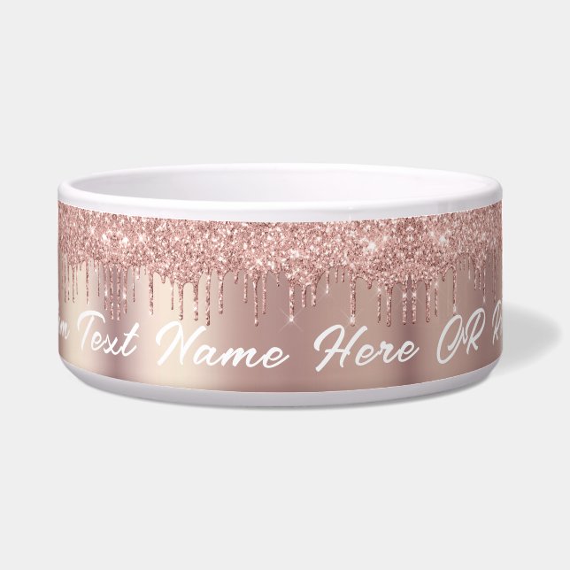 Tigela Pet Bowl da Glitter Dourada com rosa com Nome de T (Frente)