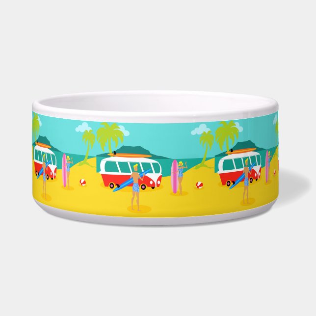 Tigela Pet Bowl de Casal de Surfer Retro (Frente)