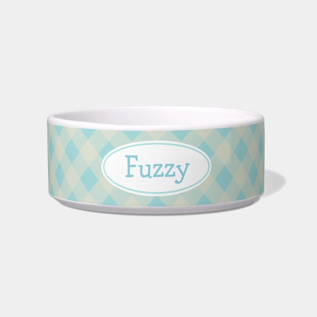Tigela Pet Bowl de Gingham Azul Personalizado (Frente)