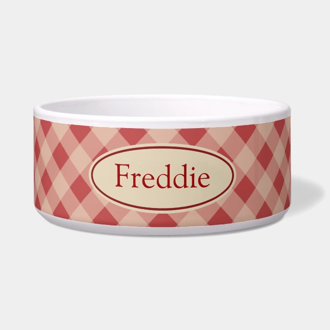 Tigela Pet Bowl de Gingham do País Personalizado (Frente)