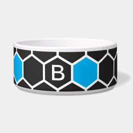 Tigela Pet Bowl de Hexágono Azul Preto Monograma Cerâmico