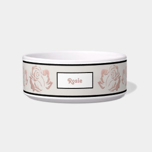 Tigela Pet Bowl do Monograma Dourado Rosa com Rosas