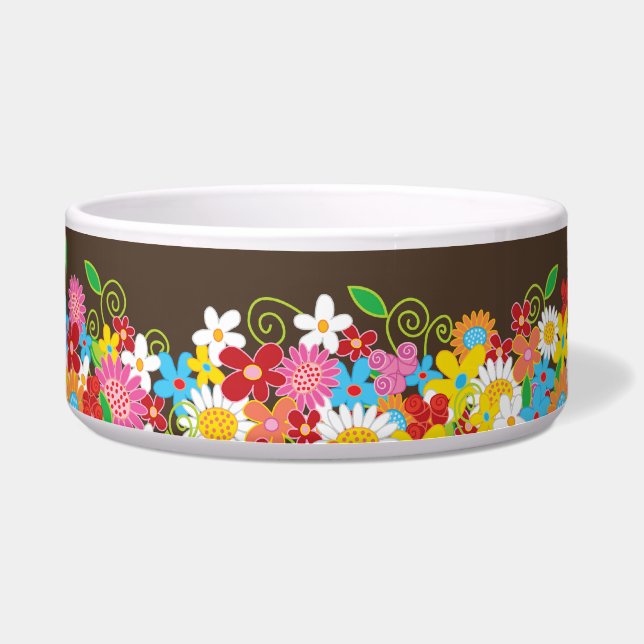 Tigela Pet Bowl, Flores de primavera Coloridas (Frente)