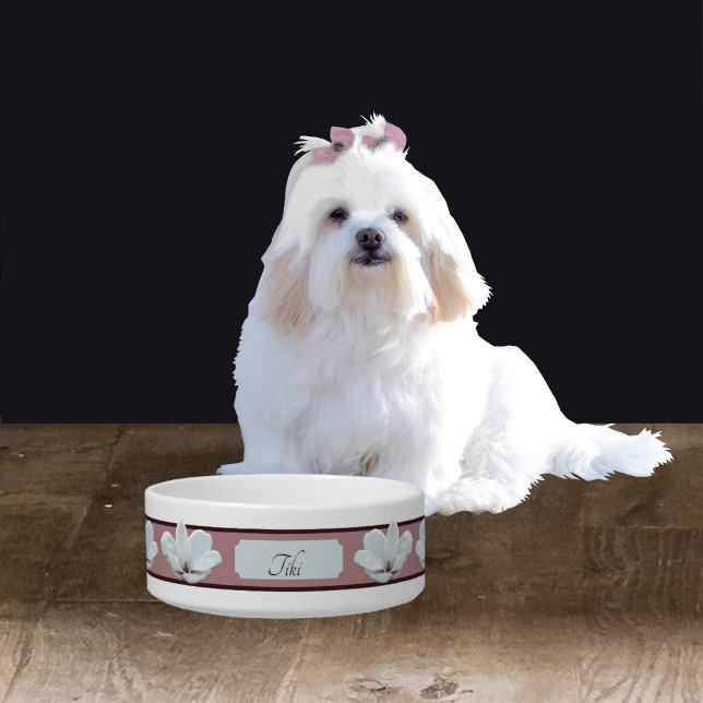 Tigela Pet Bowl Monograma Elegante com Flores de Magnolia (Criador carregado)