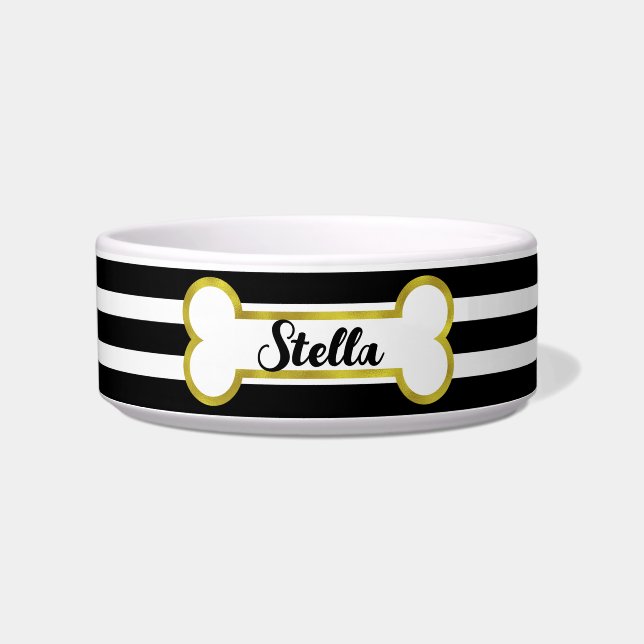 Tigela Pet Bowl Personalizada de Stripes e Osso Dourado | (Frente)