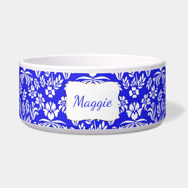 Tigela Pet Bowl personalizado de Damasco Floral Azul e Br (Frente)