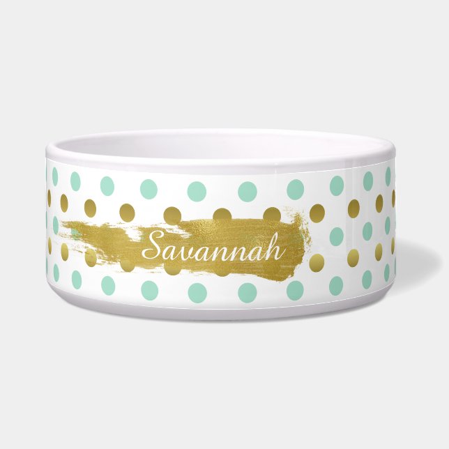 Tigela Pet Bowl Personalizado do Mint Green e do Dourado  (Frente)