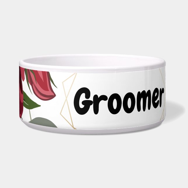 Tigela Pet Bowls Personalizadas Rosas Brancas Geom Dourad (Frente)