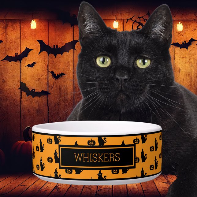Tigela Pet de Abóbora Preto de Halloween Personalizado (Criador carregado)