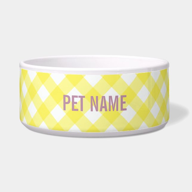 Tigela Pet de Nome Personalizado de Gingham Amarelo - Per (Frente)