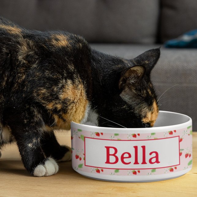 Tigela Pet de Padrão de Morango de Aquarela (Delightful pet bowl: Customized with watercolor strawberry blossoms!)