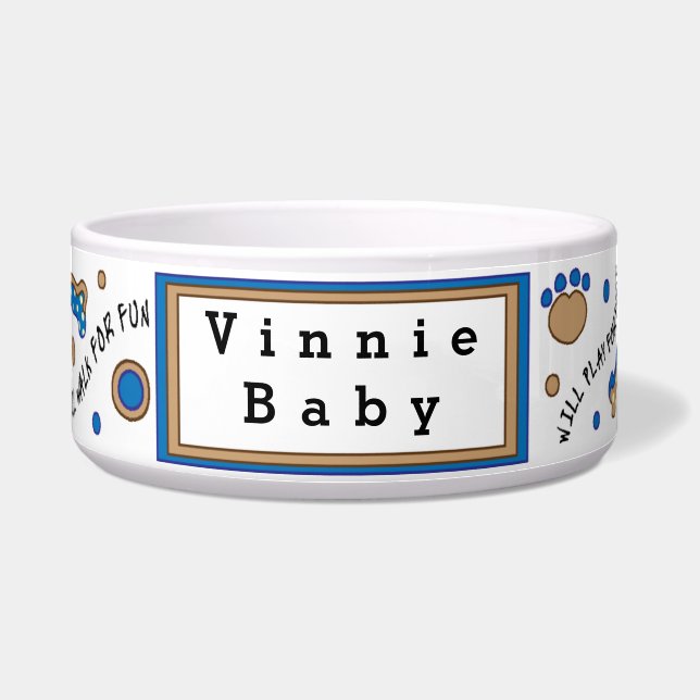 Tigela Pet DOG Blue Bowl Large "Will Play for Comida" (Frente)