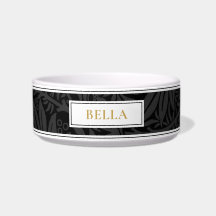 Pet Name Dourado Elegante Padrão Floral Preto