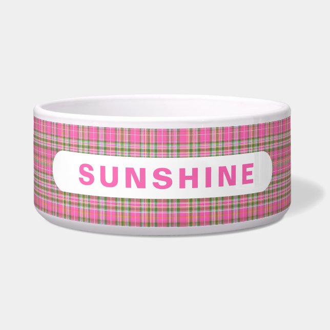 Tigela Pink and Green Tartan Plaid Dog Name (Frente)