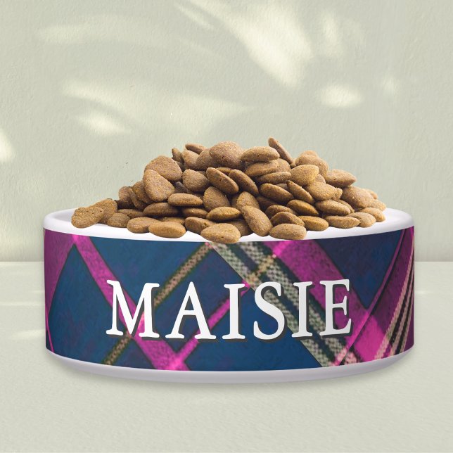 Tigela Pink and Navy Tartan Plaid Personalized Pet Dog (A stylish, personalized dog bowl, with tartan plaid pattern in pink, blue and golden tones)