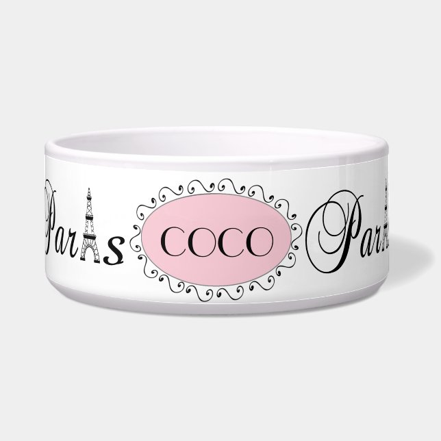 Tigela Pink Black Paris Eiffel Tower Name Dog Pet Bowl (Frente)