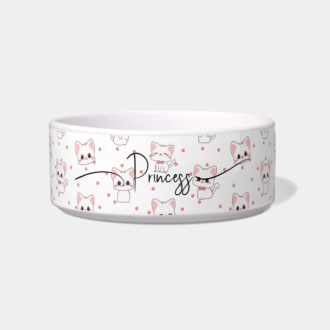 Tigela Pink Cartoon Cat Pattern with Stars and Pet Name  (Frente)