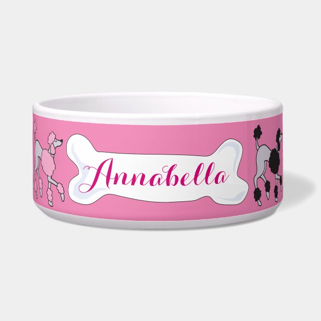 Tigela PINK POODLE Nome Personalizável Dogfood Pet Bowl (Frente)