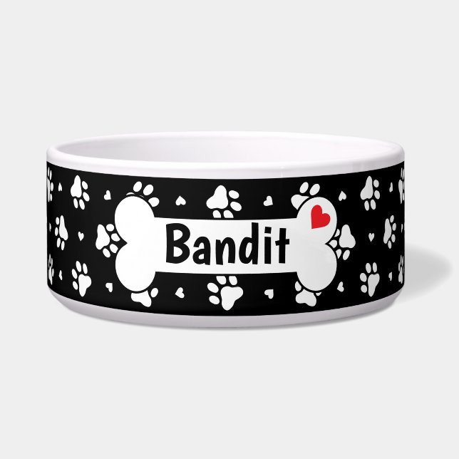Tigela Pista de Cachorro Preto e Branco Imprime e Coração (Frente)