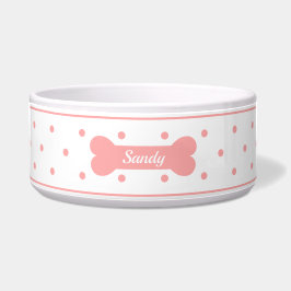 Tigela Pontos Pink Em Branco Com Osso De Cachorro & Nome