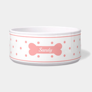 Tigela Pontos Pink Em Branco Com Osso De Cachorro & Nome