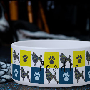 Tigela Poodle Dog & Paw Yellow & Blue Grid Dog Bowl