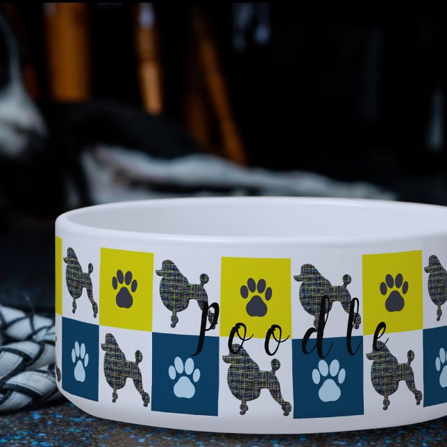 Tigela Poodle Dog & Paw Yellow & Blue Grid Dog Bowl (Criador carregado)
