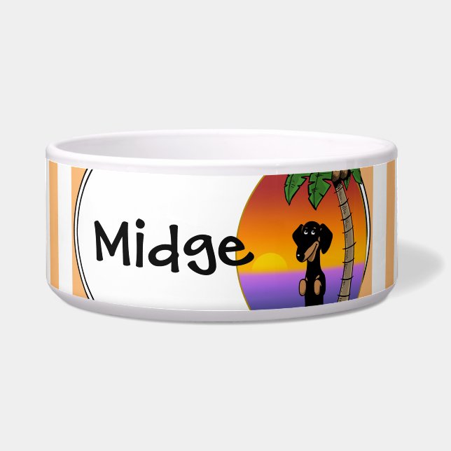 Tigela Praia de Ilha Tropical Fofa Dachshund (preto e mar (Frente)