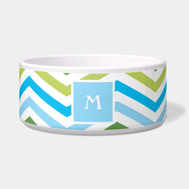 Tigela Prato azul e verde do cão do monograma de Chevron (Frente)