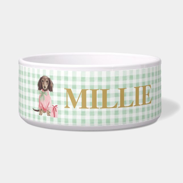 Tigela Preppy Dachshund Green Gingham Christmas (Frente)