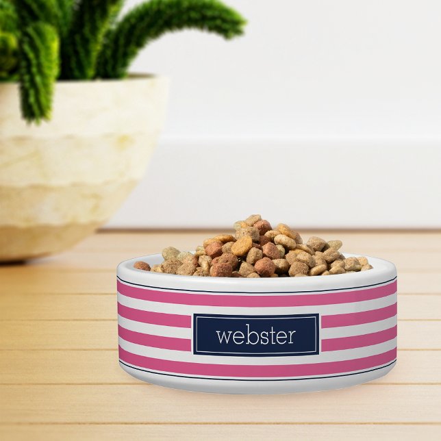Tigela Preppy Personalized Pink & Navy Stripe Pet (Criador carregado)
