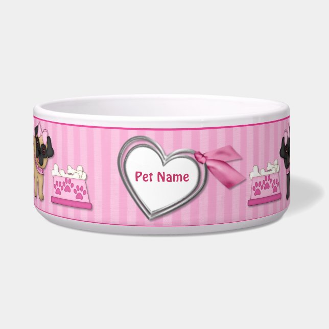 Tigela Pug Cuties Rosa Stripe - Personalizar (Frente)