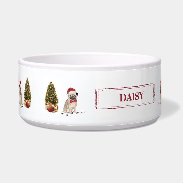 Tigela Pug Engraçado Cachorro de Natal Engraçado com Árvo (Esquerda)
