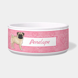 Tigela Pug Marrom Cartoon Limpa Corações Rosa Com Nome