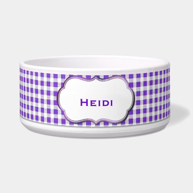 Tigela Púrpura e White Gingham Custom Dog Bowl (Frente)