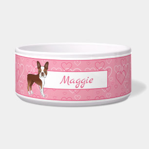 Tigela Red Boston Terrier Dog Em Corações E Nome Rosa