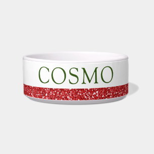 Tigela Red Glitter e Green Modern Christmas Name Pet