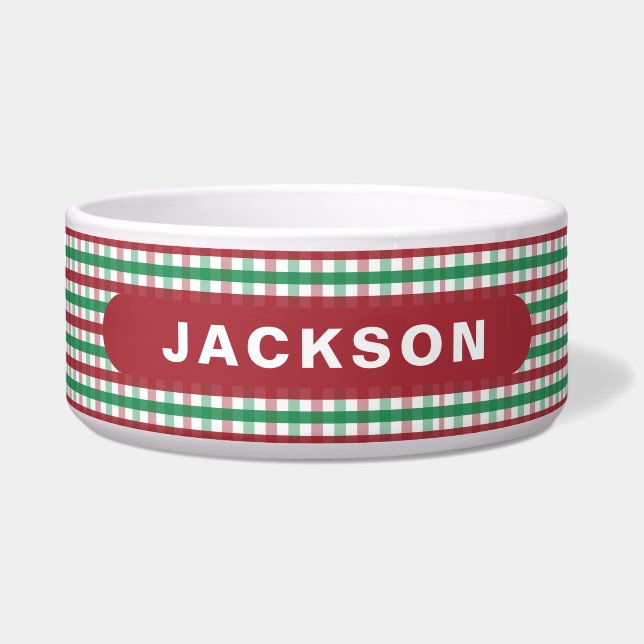 Tigela Red Green Buffalo Check Plaid Dog Name (Frente)
