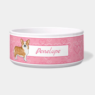 Tigela Red Pembroke Welsh Corgi Em Corações Rosa Com Nome
