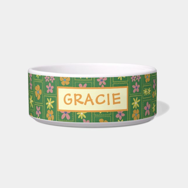 Tigela Retro Green Patchwork Floral Custom Medium Dog (Frente)