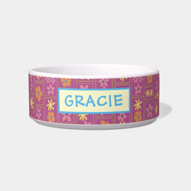 Tigela Retro Raspberry Patchwork Floral Custom Medium Dog (Frente)