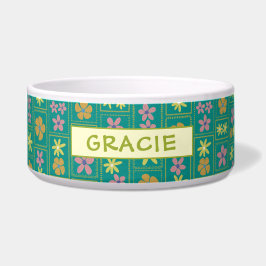 Tigela Retro Teal Patchwork Floral Custom Large Dog