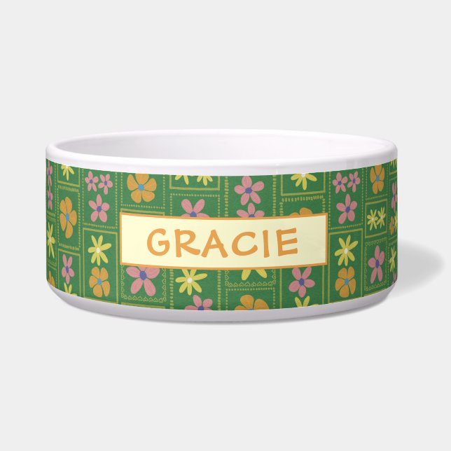 Tigela Retro Verde Floral Patchwork Personalizado Grande  (Frente)