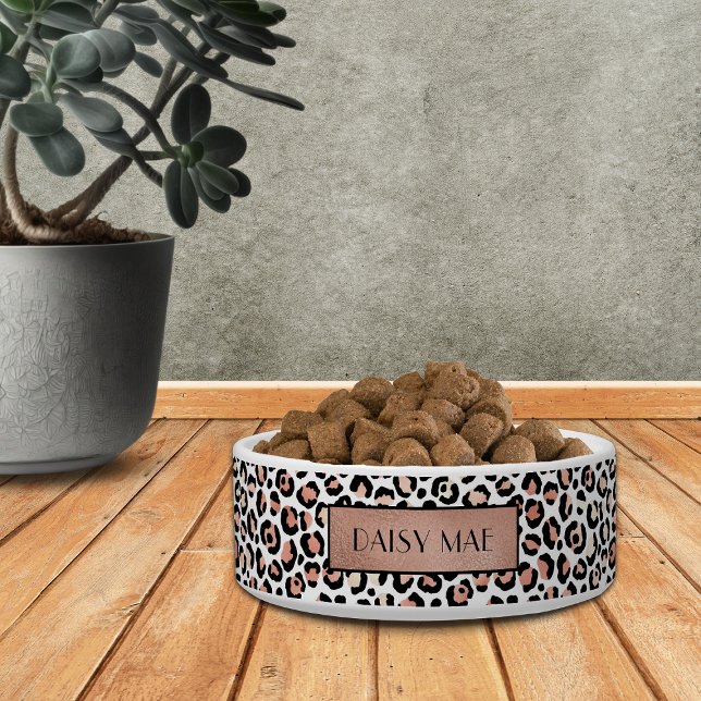 Tigela Rosa Chique Dourado Padrão Leopardo Pet Personaliz (Criador carregado)