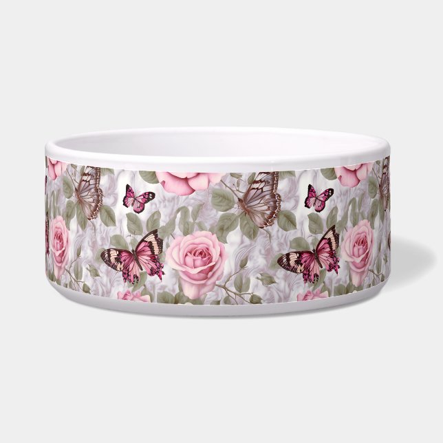 Tigela Rosas rosa e borboletas Aquarela Floral (Frente)